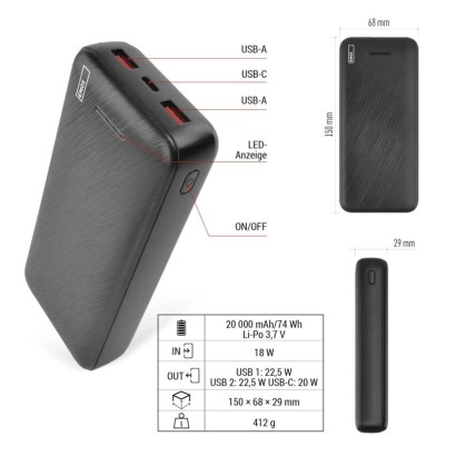 Powerbank EMOS AlphaQ3, 20 000 mAh, 22,5 W, schwarz