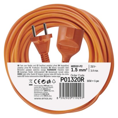 Dvožilni podaljšek 20m / 1 vtičnica / PVC / 230V / 1,5 mm2