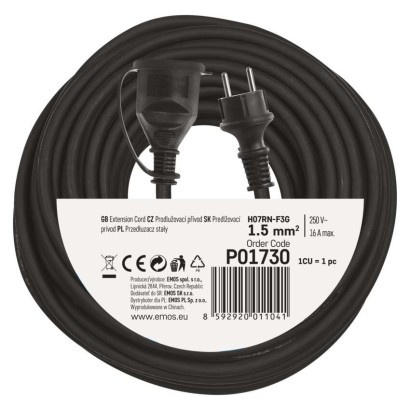 Vonkajší predlžovací kábel 30 m / 1 zásuvka / čierny / guma-neoprén / 230 V / 1,5 mm2