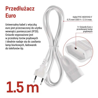 Przedłużacz 1,5 m / 1 gniazdo / biały / PVC / 0,75 mm2