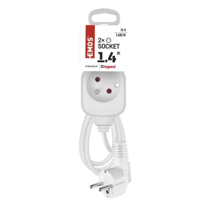 Przedłużacz 1,4 m / 2 gniazda / biały / PVC / 1 mm2