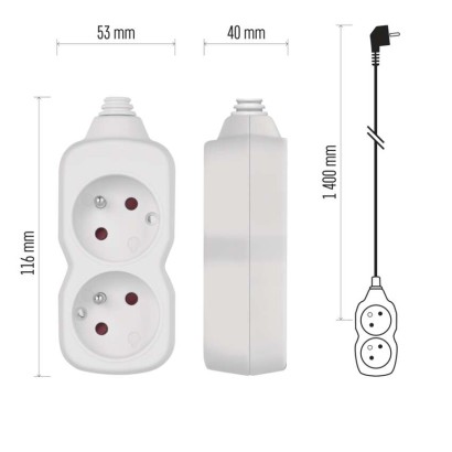 Przedłużacz 1,4 m / 2 gniazda / biały / PVC / 1 mm2