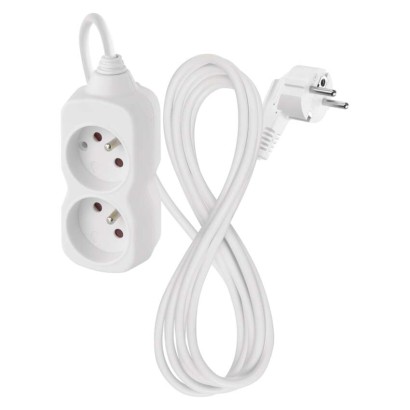 Przedłużacz 2 m / 2 gniazda / biały / PVC / 1 mm2