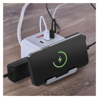 Prodlužovací kabel - kostka 2 m / 2 zásuvky / bílý / 2×USB-C + 1×USB-C+Qi / 1,5 mm2