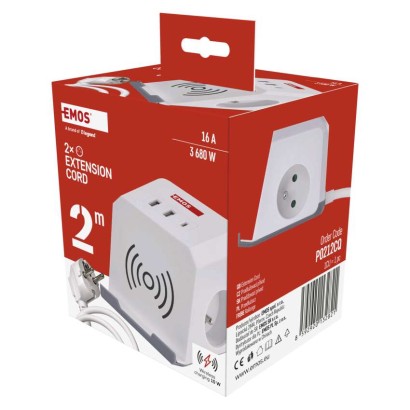 Prodlužovací kabel - kostka 2 m / 2 zásuvky / bílý / 2×USB-C + 1×USB-C+Qi / 1,5 mm2
