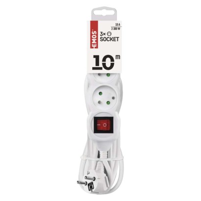 Prodlužovací kabel 10 m / 3 zásuvky / s vypínačem / bílý / PVC / 1 mm2
