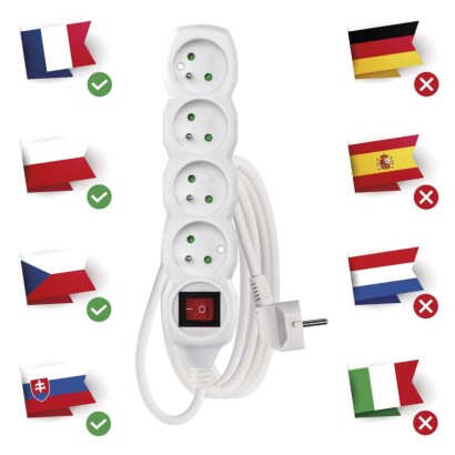Prodlužovací kabel 3 m / 4 zásuvky / s vypínačem / bílý / PVC / 1 mm2