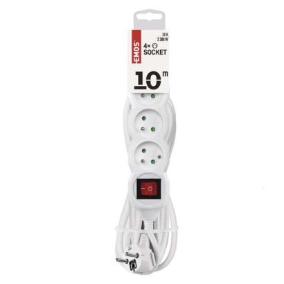 Prodlužovací kabel 10 m / 4 zásuvky / s vypínačem / bílý / PVC / 1 mm2