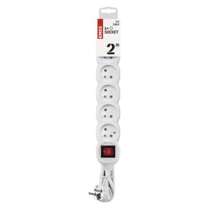Predlžovací kábel 2 m / 6 zásuviek / s vypínačom / biely / PVC / 1 mm2