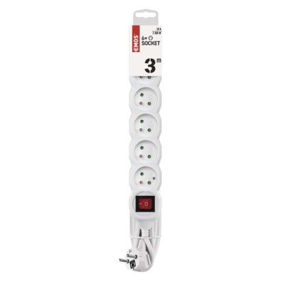 Przedłużacz 3 m / 6 gniazd / z wyłącznikiem / biały / PVC / 1 mm2