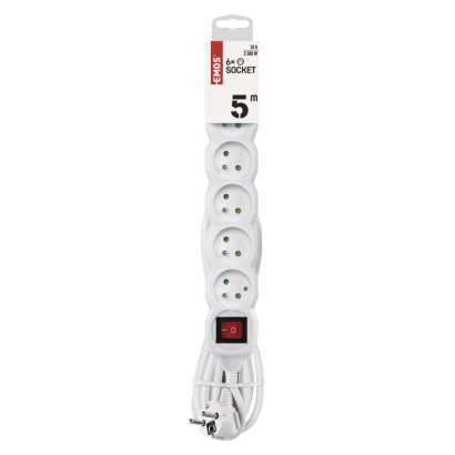 Prodlužovací kabel 5 m / 6 zásuvek / s vypínačem / bílý / PVC / 1 mm2