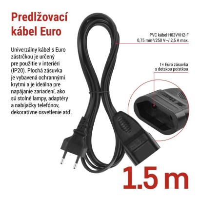Dvojžilový pohyblivý prívod 1,5 m / 1 zásuvka / čierny / PVC / 0,75 mm2