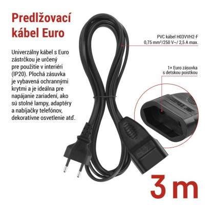 Dvojžilový pohyblivý prívod 3 m / 1 zásuvka / čierny / PVC / 0,75 mm2