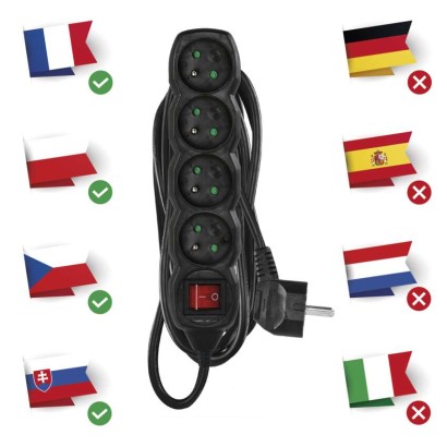 Prodlužovací kabel 5 m / 4 zásuvky / s vypínačem / černý / PVC / 1 mm2