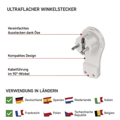 Winkelstecker für Verlängerungskabel, weiss