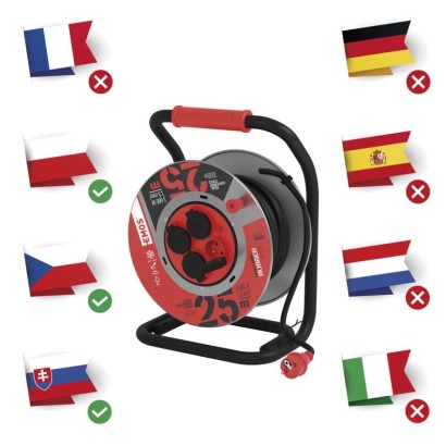 Venkovní prodlužovací kabel na bubnu 25 m / 4 zásuvky / černý / guma / 230 V / 1,5 mm2