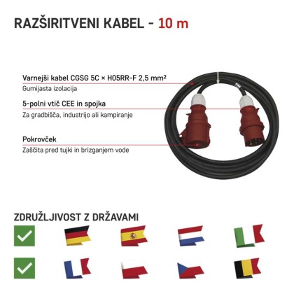 3 fazni zunanji podaljšek 10 m / 1 vtičnica / črni / guma / 400 V / 2,5 mm2