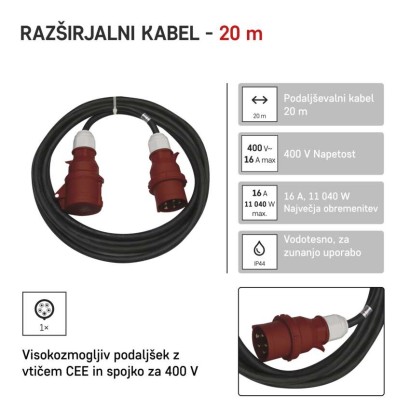 3 fazni zunanji podaljšek 20 m / 1 vtičnica / črni / guma / 400 V / 2,5 mm2
