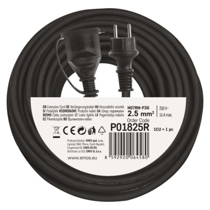 Āra pagarinātājs, 25 m / 1 kontaktligzda / melns / gumijas ‒ neoprēna / 250 V / 2,5 mm2