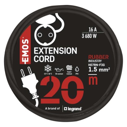 Verlängerungskabel 20 m / 1 Steckdose / schwarz / Gummi-Neopren / 250 V / 1,5 mm2