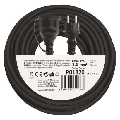 Verlängerungskabel 20 m / 1 Steckdose / schwarz / Gummi-Neopren / 250 V / 1,5 mm2