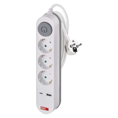 Steckdosenleiste 2 m / 3 Steckdosen / Schalter / weiß / 1× USB-A + 1× USB-C / 1,5 mm2