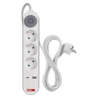 Steckdosenleiste 2 m / 3 Steckdosen / Schalter / weiß / 1× USB-A + 1× USB-C / 1,5 mm2