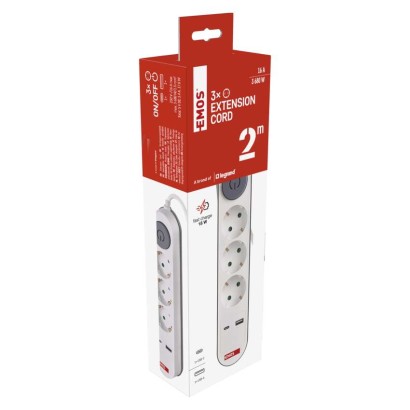 Steckdosenleiste 2 m / 3 Steckdosen / Schalter / weiß / 1× USB-A + 1× USB-C / 1,5 mm2