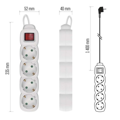 Podaljšek 2 m / 4 vtičnice / s stikalom / beli / PVC / 1 mm2