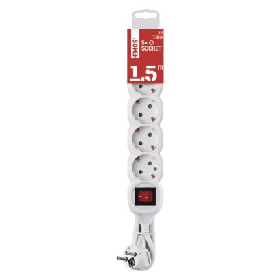 Pagarinātājs, 1,5 m / 5 kontaktligzdas / ar slēdzi / balts / PVH / 1,5 mm2
