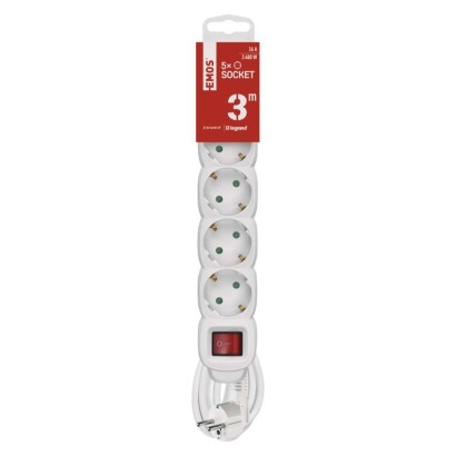 Pagarinātājs, 3 m / 5 kontaktligzdas / ar slēdzi / balts / PVH / 1,5 mm2