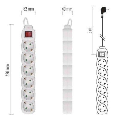 Podaljšek 5 m / 6 vtičnic / s stikalom / beli / PVC / 1,5 mm2