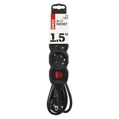 Podaljšek 1,5 m / 3 vtičnice / s stikalom / črni / PVC / 1 mm2
