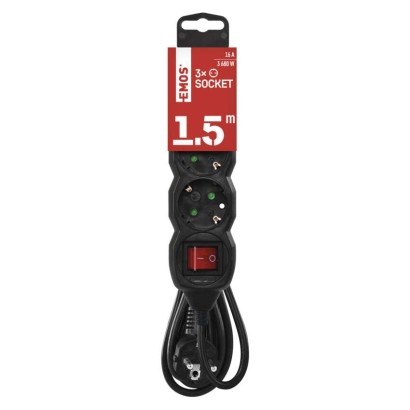 Hosszabbító 1,5 m / 3 aljzat / kapcsolós / fekete / PVC / 1,5 mm2