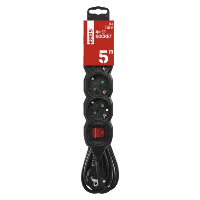 Podaljšek 5 m / 4 vtičnic / s stikalom / črni / PVC / 1,5 mm2