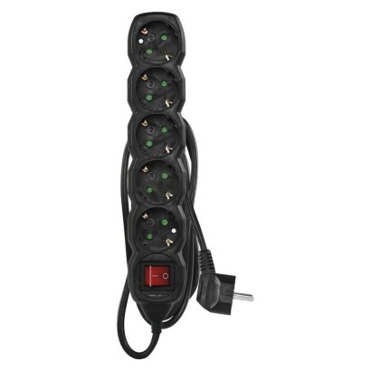 Pagarinātājs, 1,5 m / 5 kontaktligzdas / ar slēdzi / melns / PVH / 1,5 mm2