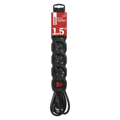 Pagarinātājs, 1,5 m / 5 kontaktligzdas / ar slēdzi / melns / PVH / 1,5 mm2