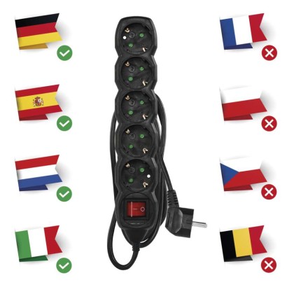 Pagarinātājs, 1,5 m / 5 kontaktligzdas / ar slēdzi / melns / PVH / 1,5 mm2