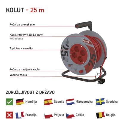 Kolutni podaljšek 25 m / 4 vtičnice / oranžni / PVC / 230 V / 1,5 mm2
