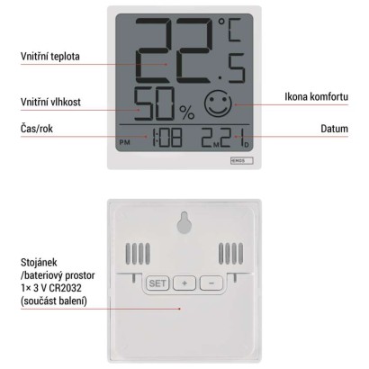 Digitální teploměr s vlhkoměrem, bezdrátové čidlo, datum E0522