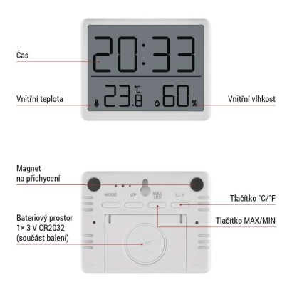 Digitální teploměr s vlhkoměrem, bezdrátové čidlo, budík, datum E6210