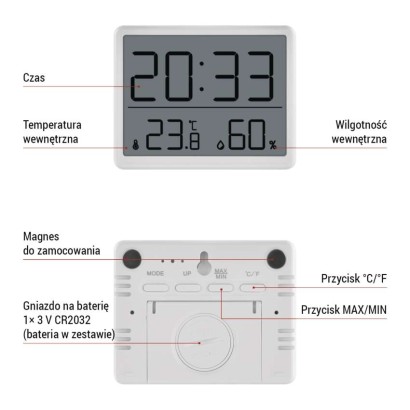 Termometr z higrometrem E0558W, czujnik bezprzewodowy, budzik, data