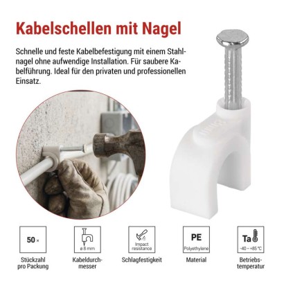 Kabelschelle 8 mm, weiss, 50 Stk