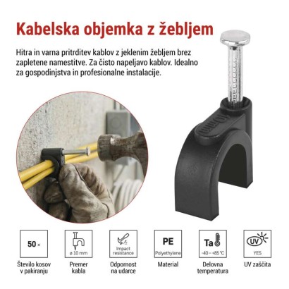 Kabelska objemka 10 mm, črna, 50 kos