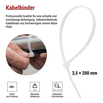 Kabelbinder 200×3,5, weiss, 100 Stk