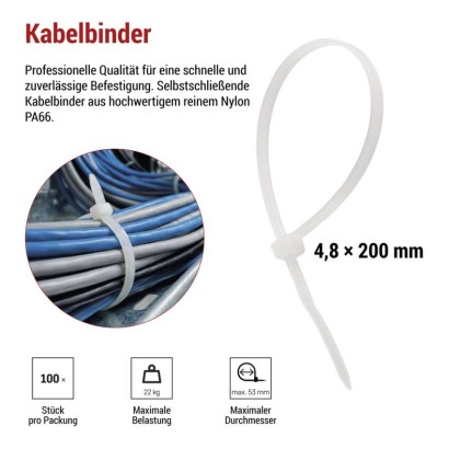 Kabelbinder 200×4,8, weiss, 100 Stk