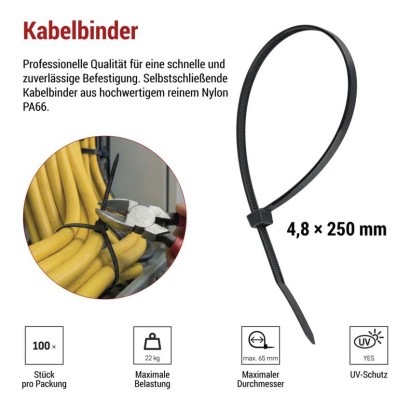 Kabelbinder 250×4,8, schwarz, 100 Stk