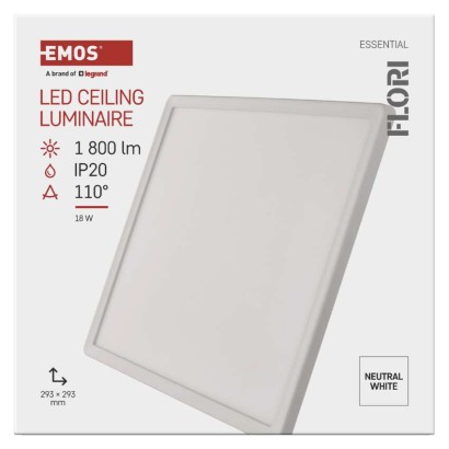LED gaismeklis FLORI kvadrāts, balts, 18W, neitrāli balts
