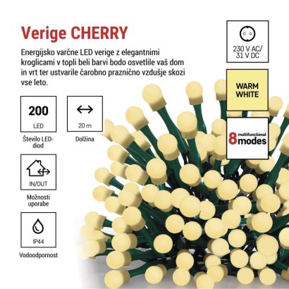 LED božična cherry veriga – kroglice, 20 m, zunan. in notran.,topla bela,programi,časovnik