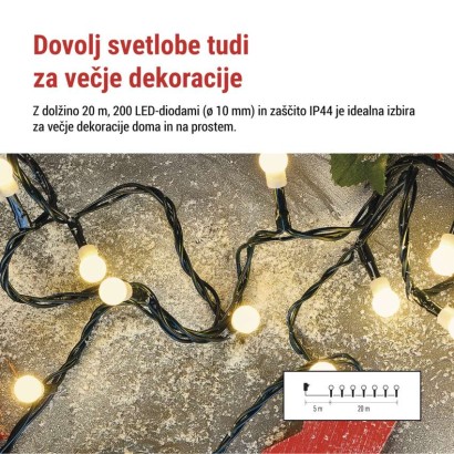 LED božična cherry veriga – kroglice, 20 m, zunan. in notran.,topla bela,programi,časovnik